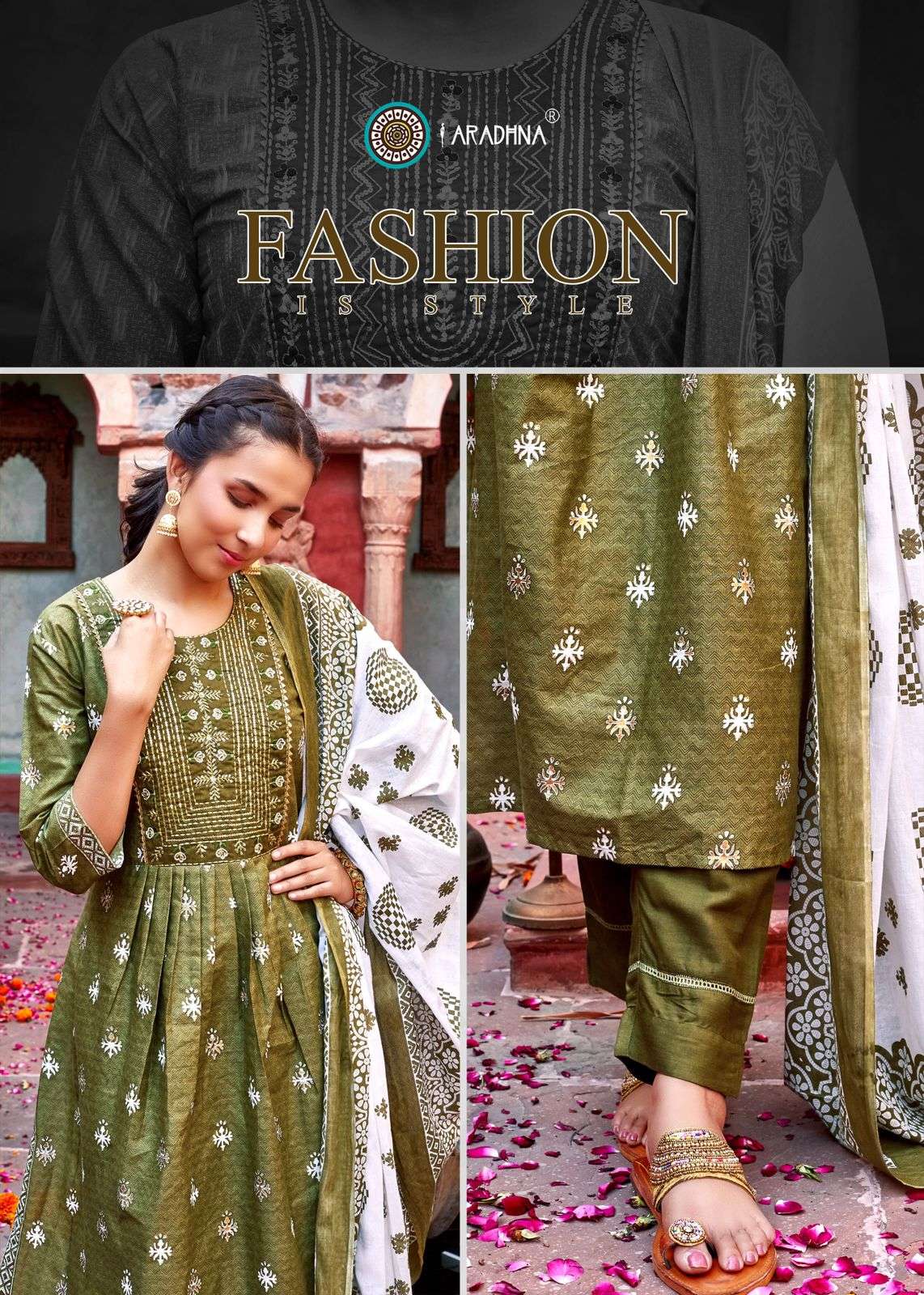 VINTAGE VOL 1 COTTON FOIL PRINT FANCY EMBROIDERY WORK KURTI WITH PANT DUPATTA BY ARADHNA BRAND 1003 C